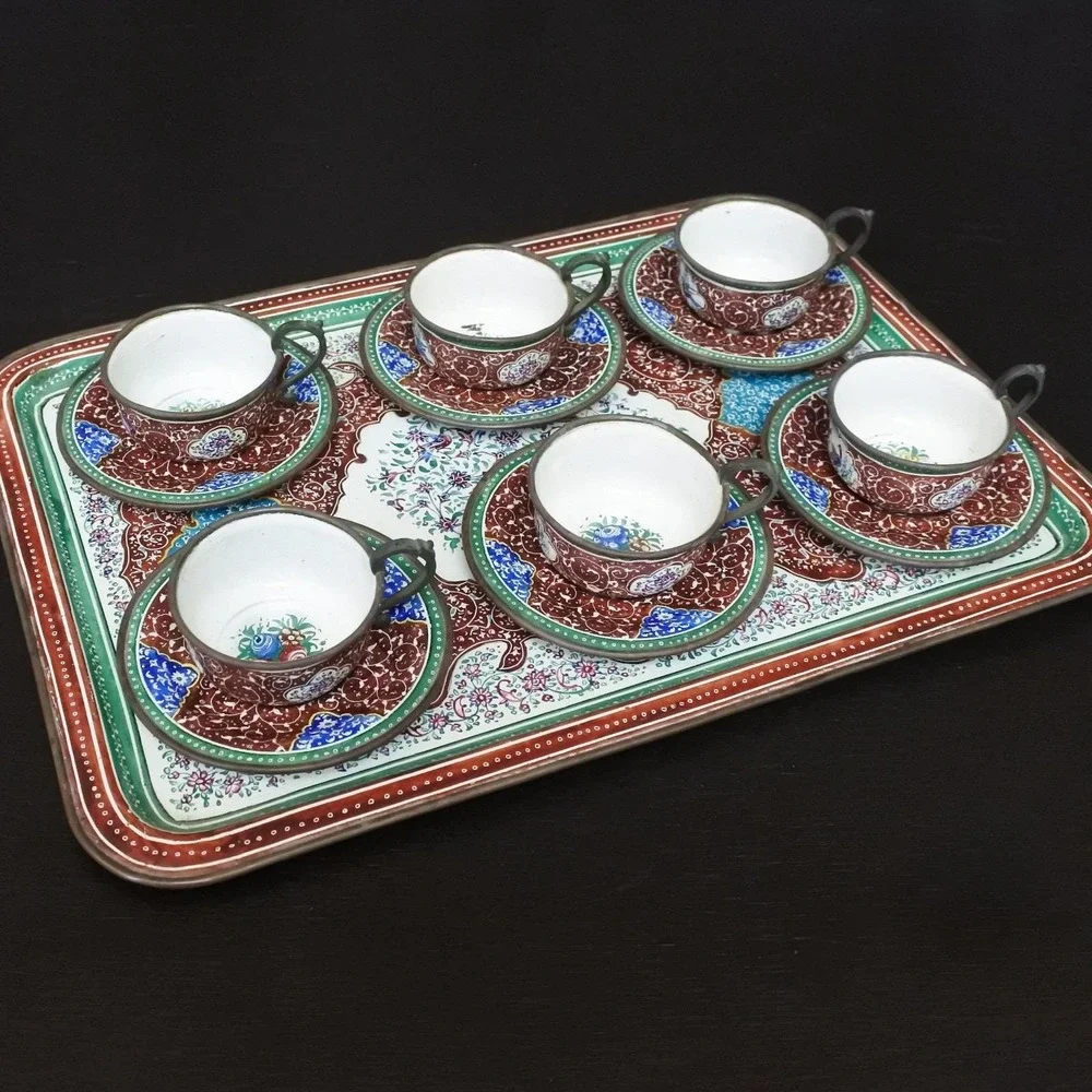 Antique Persian Minakari Enamel Floral Birds Tea & Coffee Cups Saucers Tray Set